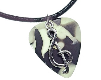 Handmade Guitar Pick Necklace | Treble Clef on Black and White Pearl | Gift for Music Lover