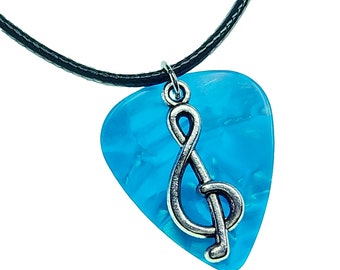 Handmade Guitar Pick Necklace | Treble Clef on Turquoise Pearl | Gift for Musician