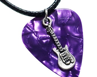 Handmade Guitar Pick Necklace | Electric Guitar on Purple | Gift for Music Lover