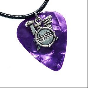 Guitar Pick Necklace Drums on Purple Gift for Music Lover image 1