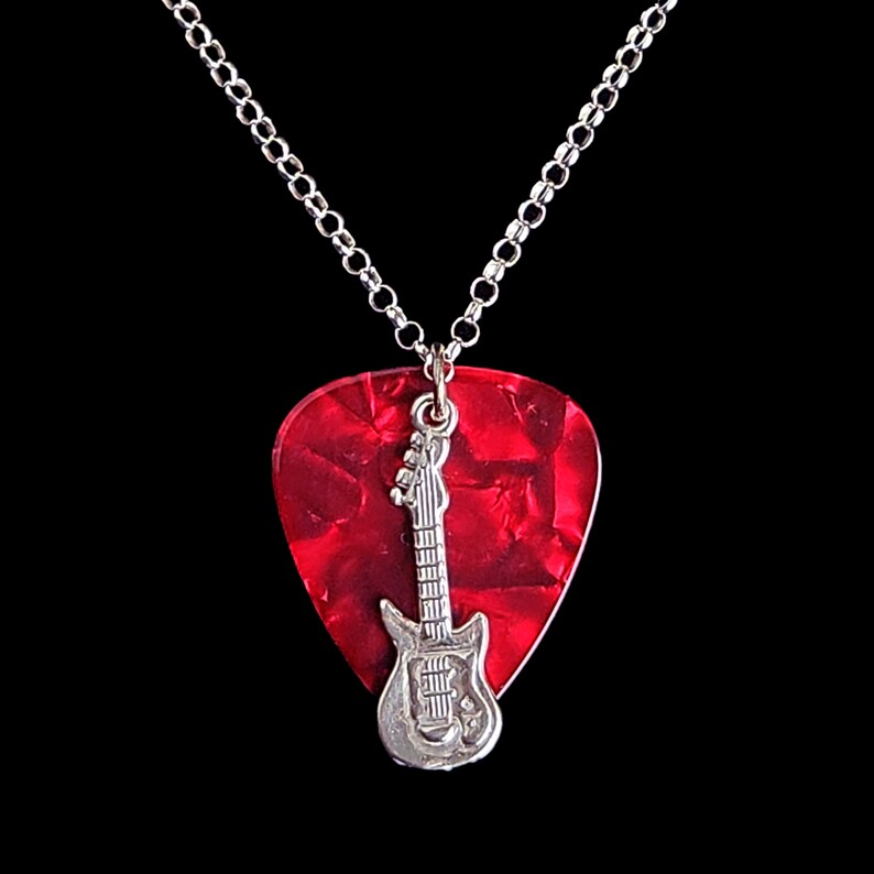 Sterling Silver Electric Guitar Pick Necklace 18 Hand Crafted Musician Gift image 1