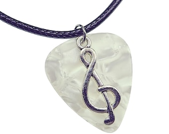 Handmade Guitar Pick Necklace | Treble Clef on White Pearl | Gift for Music Lover