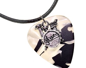 Guitar Pick Necklace Drums on Black & White Pearl