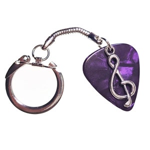 Guitar Pick Keyring Treble Clef on Purple | Gift for Music Lover
