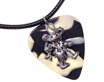 Handmade Guitar Pick Necklace | Dancing Bear on Black & White Pearl | Gift for Music Lover