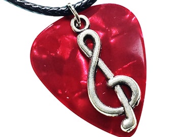 Guitar Pick Necklace | Treble Clef on Red | Gift for Music Lover