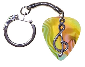 Guitar Pick Keyring Treble Clef on Rainbow Pearl | Gift for Music Lover