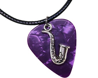 Handmade Guitar Pick Necklace Sax on Purple