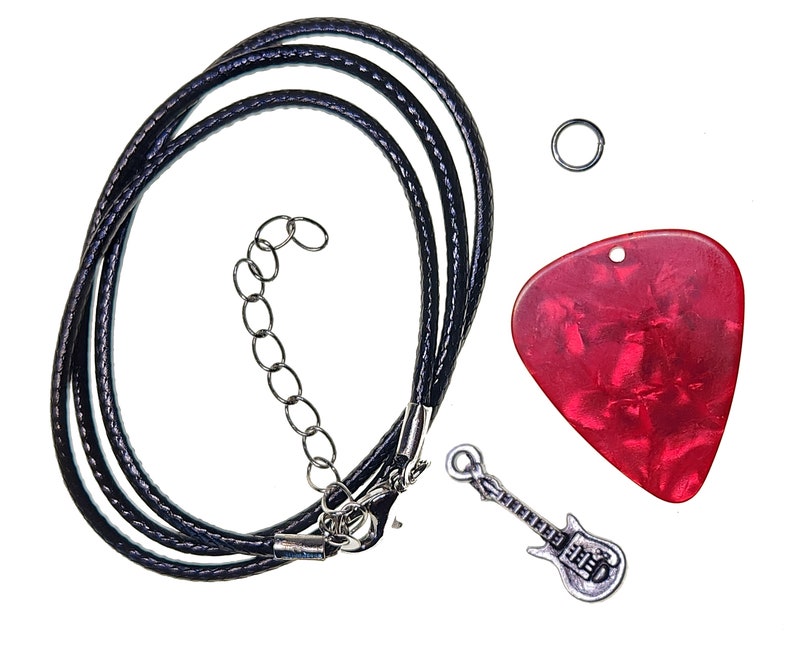 DIY Guitar Pick Necklace Kit Electric Guitar on Red Gift for Music Lover image 1