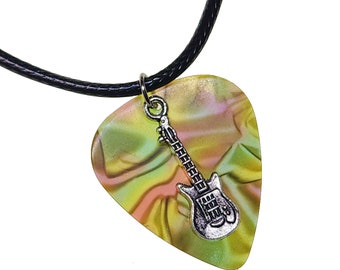 Handmade Guitar Pick Necklace Electric Guitar on Rainbow Pearl | Gift for Music Lover