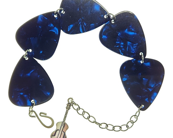 Handmade Guitar Pick Bracelet | Blue with Guitar Charm Dangle | Gift for Music Lover