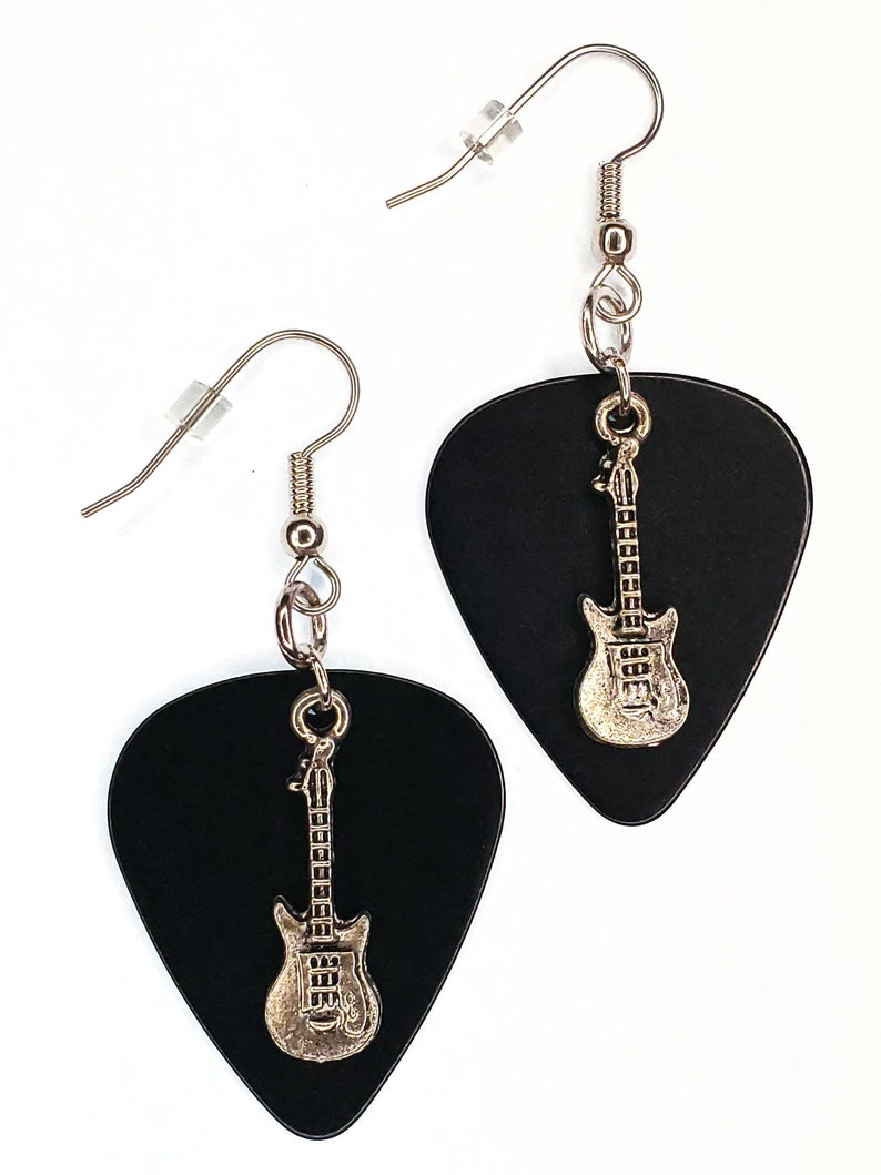 Guitar Pick Earrings Electric Guitar on Black image 1