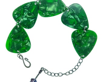 Handmade Guitar Pick Bracelet | Green with Guitar Charm Dangle | Gift for Music Lover