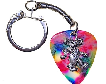 Guitar Pick Keyring Dancing Bear on Tie Dye