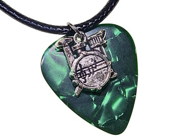 Guitar Pick Necklace Drums on Green Pearl