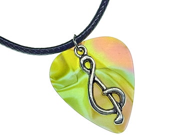 Handmade Guitar Pick Necklace | Treble Clef on Rainbow Pearl | Concert Jewelry