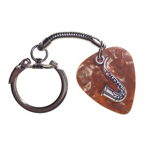 Guitar Pick Keyring Sax on Gold | Gift for Music Lover