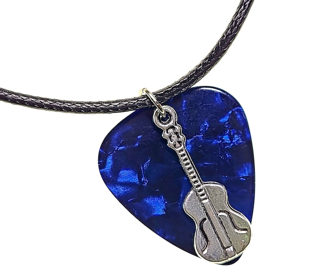 Handmade Guitar Pick Necklace | Guitar Charm on Blue | Gift for Music Lover