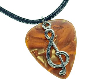 Handmade Guitar Pick Necklace | Treble Clef on Gold Pearl | Gift for Musician