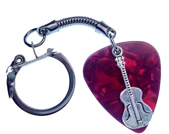 Guitar Pick Keyring Guitar on Red