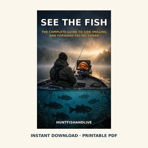 May include: A book cover titled SEE THE FISH: THE COMPLETE GUIDE TO SIDE IMAGING AND FORWARD-FACING SONAR. It features a person in a boat using sonar equipment on a misty lake, with an underwater view of fish swimming below the surface. HUNTFISHANDLIVE.