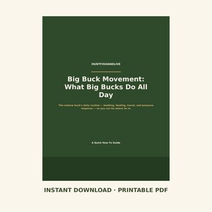 Op de afbeelding: Een donkergroene digitale documentomslag met de titel Big Buck Movement: What Big Bucks Do All Day. De tekst bevat HUNTFISHANDLIVE bovenaan, een ondertitel over de dagelijkse routine van het hert en A Quick How-To Guide onderaan.