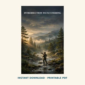 Könnte beinhalten: Ein digitales Poster mit dem Titel INTRODUCTION TO FLY FISHING, YOUR FIRST CAST TO YOUR FIRST FISH und HUNTFISHANDLIVE. Es zeigt eine Person beim Fliegenfischen in einem nebligen Gebirgsbach, umgeben von Kiefern bei Sonnenuntergang.