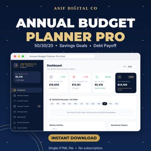 May include: A digital annual budget planner interface titled ASIF DIGITAL CO ANNUAL BUDGET PLANNER PRO. The dashboard displays financial metrics including net worth, income, expenses, savings, and debt payoff for the year 2026.