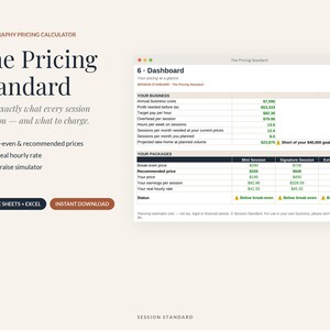 Könnte beinhalten: Eine digitale Kalkulationsvorlage für Fotografiepreise mit dem Titel The Pricing Standard. Die Benutzeroberfläche zeigt ein Dashboard mit Geschäftskennzahlen, Sitzungspaketen und Finanzdaten in einem Tabellenformat mit grünem und schwarzem Text.
