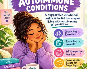 Könnte beinhalten: Eine digitale Illustration mit dem Titel Emotional Coping Toolkit for Autoimmune Conditions. Sie zeigt eine Person mit lockigem Haar, einen Stapel Bücher mit der Aufschrift Heal, Balance, Peace, You Got This, einen Becher und ein Notizbuch.