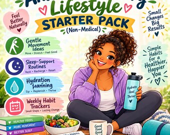Könnte beinhalten: Eine Anti-Inflammatory Lifestyle Starter Pack Infografik mit einer Person mit lockigem Haar, einer Wasserflasche mit der Aufschrift Hydrate Heal Thrive, einer Schüssel Salat, einer Tasse mit Good Food Good Mood, einem Notizbuch und Büchern.