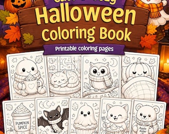 Puede incluir: Un libro para colorear de Halloween con una portada de madera que dice Cute & Cozy Halloween Coloring Book. La portada muestra una calabaza, un fantasma y varias páginas para colorear con fantasmas, gatos, búhos y calabazas.