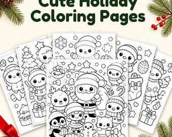 Puede incluir: Una colección de hojas de papel blanco con ilustraciones de líneas negras de personajes navideños, incluyendo a Santa Claus, renos, pingüinos y muñecos de nieve. El texto "Cute Holiday Coloring Pages" está impreso en verde oscuro.
