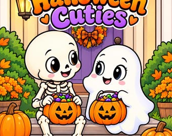 Könnte beinhalten: Eine Cartoon-Illustration mit einem Skelett und einem Geist, die auf Stufen sitzen und jeweils einen Kürbis-Süßigkeiten-Eimer voller bunter Leckereien halten. Der Text Halloween Cuties steht darüber, umgeben von herbstlichem Laub.