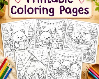 Puede incluir: Una colección de cinco páginas para colorear imprimibles en blanco y negro con animales de dibujos animados en escenas de camping, incluyendo osos y zorros, con un letrero que dice Printable Coloring Pages y dos corazones.