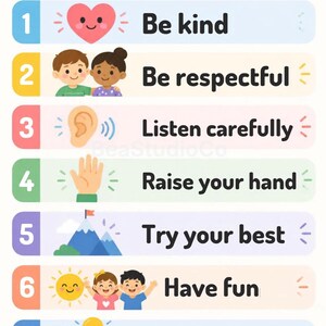 Può includere: Un poster educativo colorato intitolato Our Class Rules con sette righe numerate. Ogni riga presenta un'icona unica e un testo: 1. Be kind, 2. Be respectful, 3. Listen carefully, 4. Raise your hand, 5. Try your best, 6. Have fun, 7. Learn.