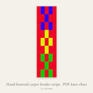 Può includere: Un diagramma a nodi PDF rettangolare per una bordura di tappeto annodato a mano, caratterizzato da uno sfondo rosso verticale con un motivo geometrico ripetitivo di quadrati blu, gialli e verdi. Il testo recita: Hand-knotted carpet border stripe · PDF knot chart 5 x 36 knots.