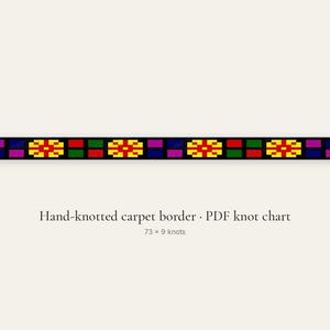May include: A digital pattern for a hand-knotted carpet border featuring a repeating sequence of yellow and red floral motifs interspersed with solid blocks of green, red, blue, and magenta on a black background. Text reads: Hand-knotted carpet border · PDF knot chart 73 × 9 knots.
