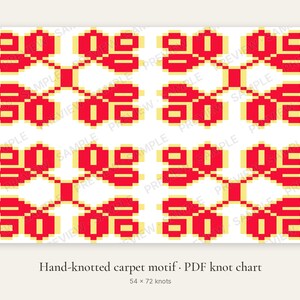 May include: A digital PDF knot chart for a hand-knotted carpet motif featuring a repeating geometric pattern of red pixelated shapes on a white background with yellow accents. The text reads Hand-knotted carpet motif · PDF knot chart 54 × 72 knots.