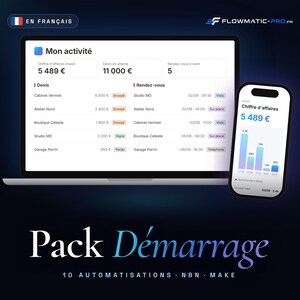 10 n8n automations in French, Make recipes included: ready-to-import workflows, 38-page PDF guide for freelancers and small businesses