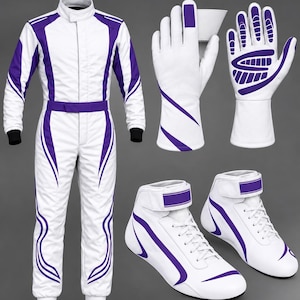 May include: A white and purple racing suit featuring a high collar, long sleeves with black cuffs, and a matching belt. The set includes a pair of white gloves with purple palm padding and a pair of high-top racing shoes with purple accents.