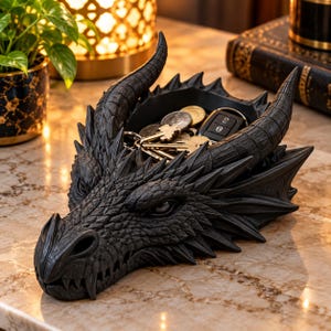 May include: A black dragon head-shaped bowl with detailed scales, horns, and a hollowed-out top section. The interior of the dragon head contains a collection of metal keys and a black car key fob, serving as a functional storage tray.