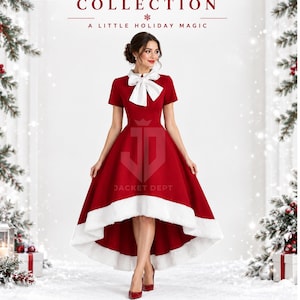 Könnte beinhalten: Ein rotes Vokuhila-Kleid mit kurzen Ärmeln, einer weißen Schleife am Kragen und einem weißen Kunstfellbesatz am Saum. Der Text CHRISTMAS COLLECTION A LITTLE HOLIDAY MAGIC und ORDER NOW ist zusammen mit dem Logo JACKET DEPT zu sehen.