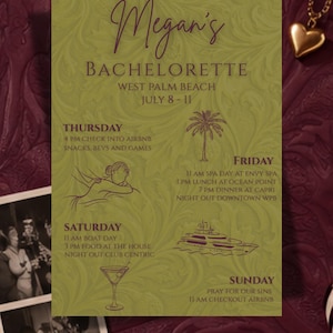 Chartreuse and Burgundy Bachelorette Itinerary Template, Editable Canva, Croc & Leather Texture, Digital Download