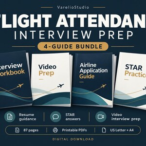 Könnte beinhalten: Ein 4-teiliges Leitfaden-Paket zur Vorbereitung auf Flugbegleiter-Vorstellungsgespräche von VarelioStudio. Das Set enthält vier Broschüren mit den Titeln Interview Workbook, Video Prep, Airline Application Guide und STAR Practice in Dunkelblau.