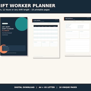 Peut inclure: Un planificateur de travail posté numérique de 18 pages imprimables, comprenant une couverture bleu foncé avec des cercles bleu sarcelle et orange, ainsi que deux pages de mise en page intérieure avec des grilles et des sections lignées.