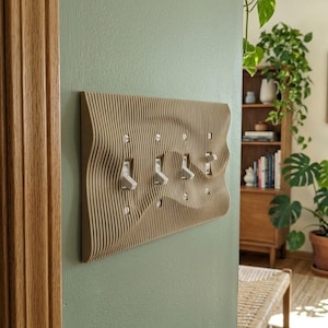 May include: A rectangular light switch plate with a wavy, ribbed texture in a matte tan finish. The plate features four toggle switches arranged horizontally, each secured with small metal screws against a sage green wall surface.