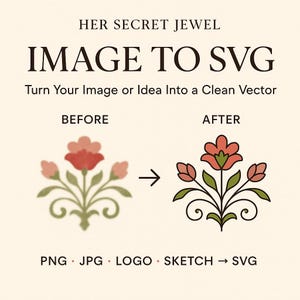 May include: A digital graphic titled HER SECRET JEWEL IMAGE TO SVG Turn Your Image or Idea Into a Clean Vector. It displays a blurry floral illustration labelled BEFORE and a sharp, clean vector version labelled AFTER, with PNG JPG LOGO SKETCH SVG below.