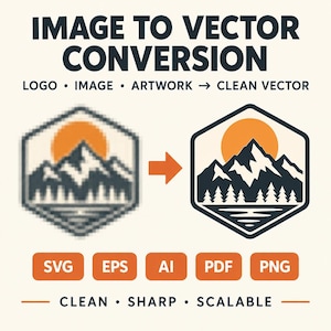 Conversão de imagem para vetor, redesenho de logotipo, vetorização de imagem, serviço de conversão para SVG, correção de logotipo, vetorização limpa de SVG e PNG.