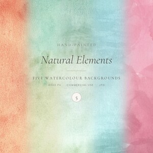 Könnte beinhalten: Eine digitale Grafik mit einem vertikalen Farbverlauf aus Aquarelltexturen in Pfirsich, Mintgrün, Blau und Rosa. Der Text lautet: HAND-PAINTED Natural Elements FIVE WATERCOLOUR BACKGROUNDS 6000 PX COMMERCIAL USE JPG 5.